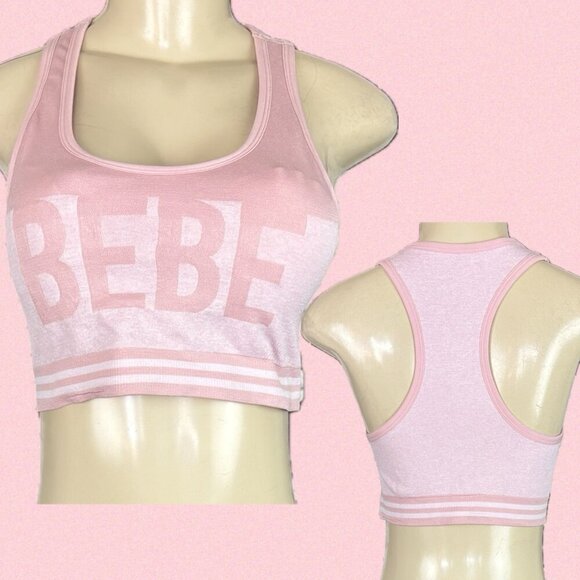 Bebe Sport L Pink Logo Ribbed 4 Way Stretch Removable Pads Racerback Sports Bra - Picture 1 of 6